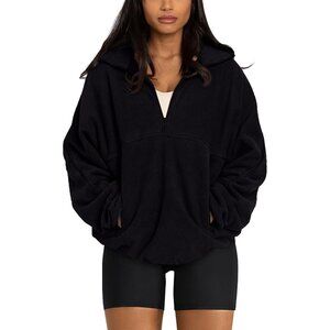 Women's Black Half Zip Pullover Sweatshirt Sherpa Fleece Jacket Oversized